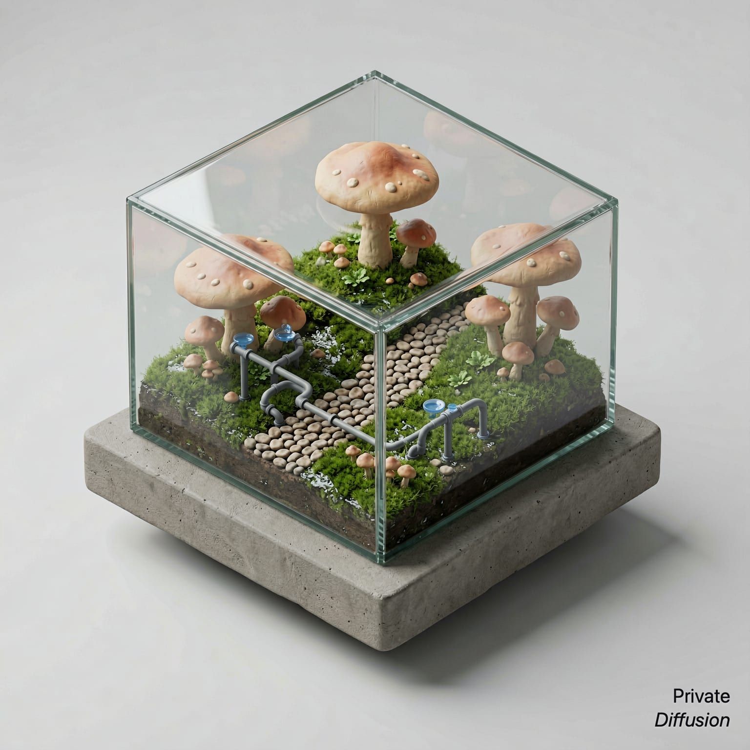 An isometric 3D miniature glasshouse holds mushrooms, moss, paths, and irrigation pipes.