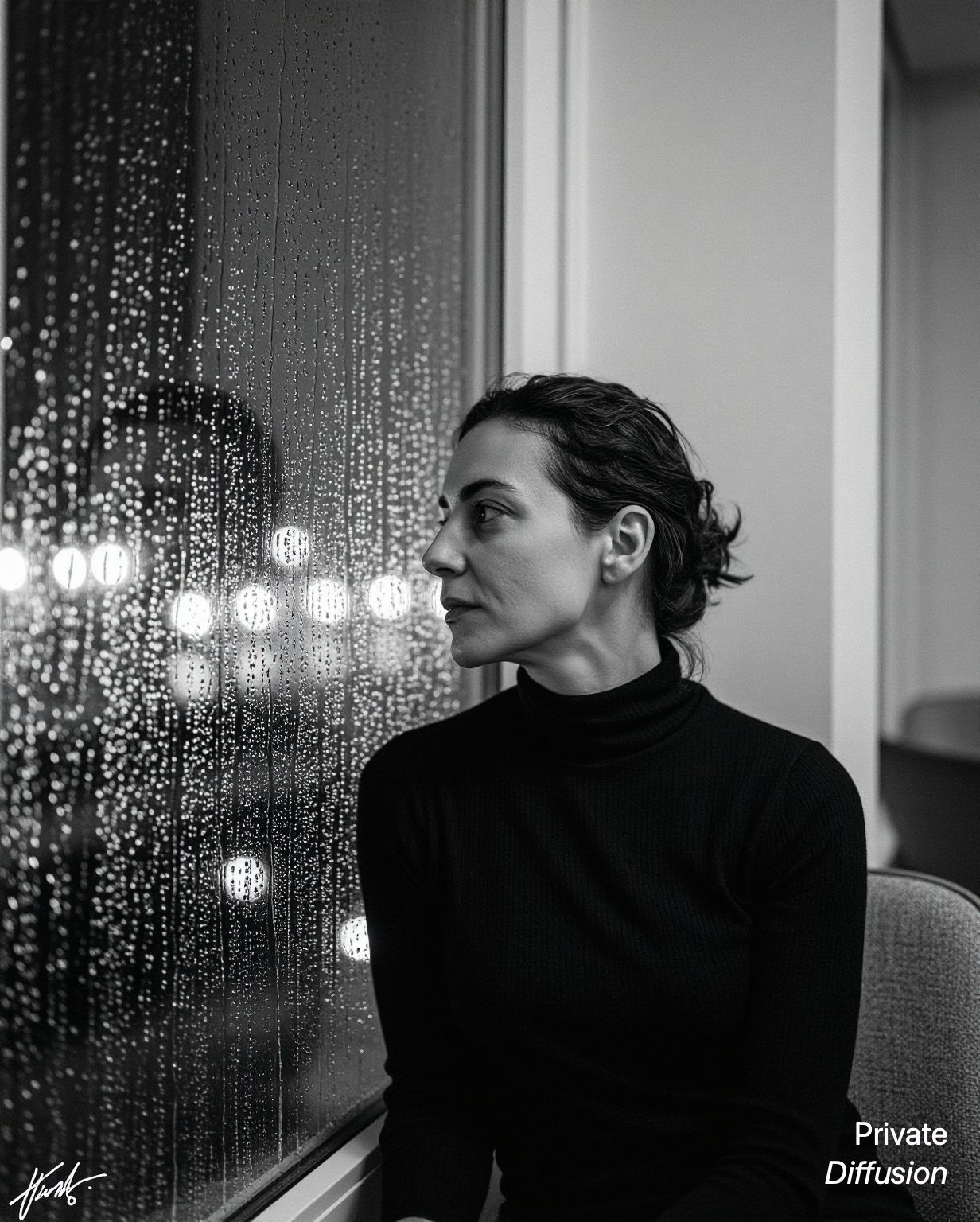 Black-and-white photo of a woman in a turtleneck gazing through a rain-streaked window at night.