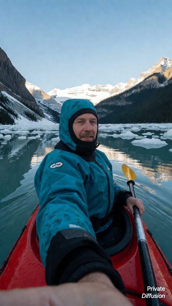 An adult kayaker takes a selfie on a glacier lake with mountains behind.