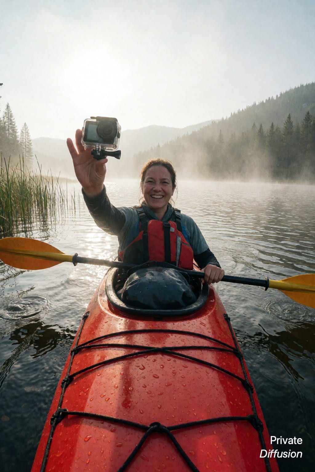 An adult kayaker takes a wide-angle selfie on a misty lake.