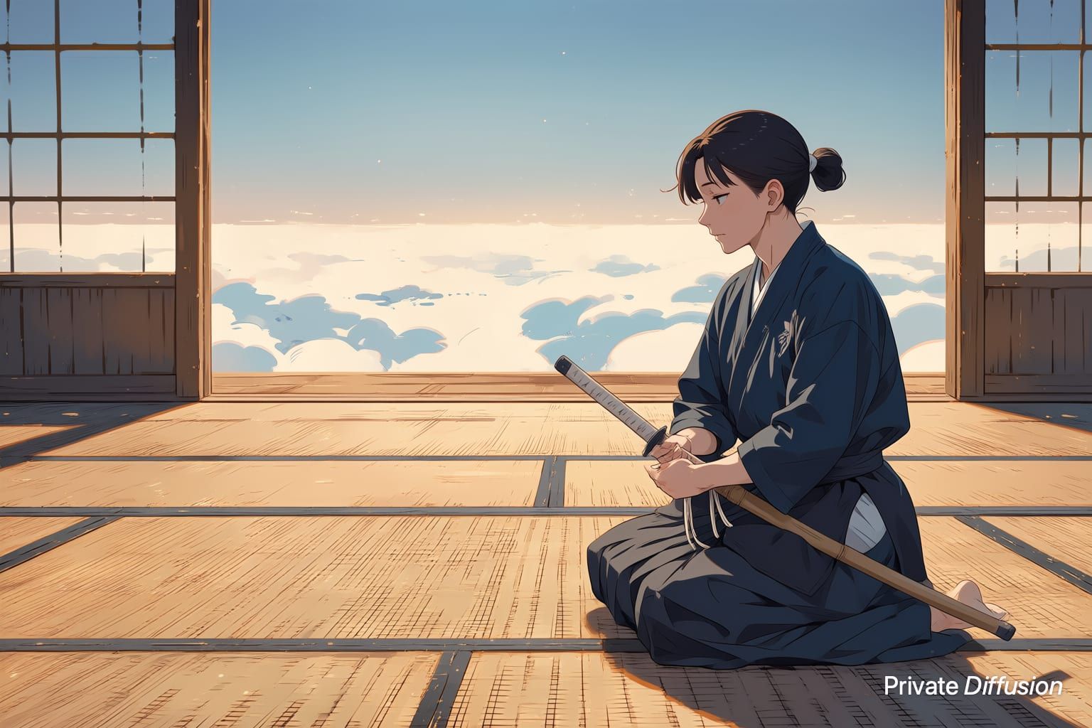 An anime kendo artist ties a uniform in a dojo floating above clouds.