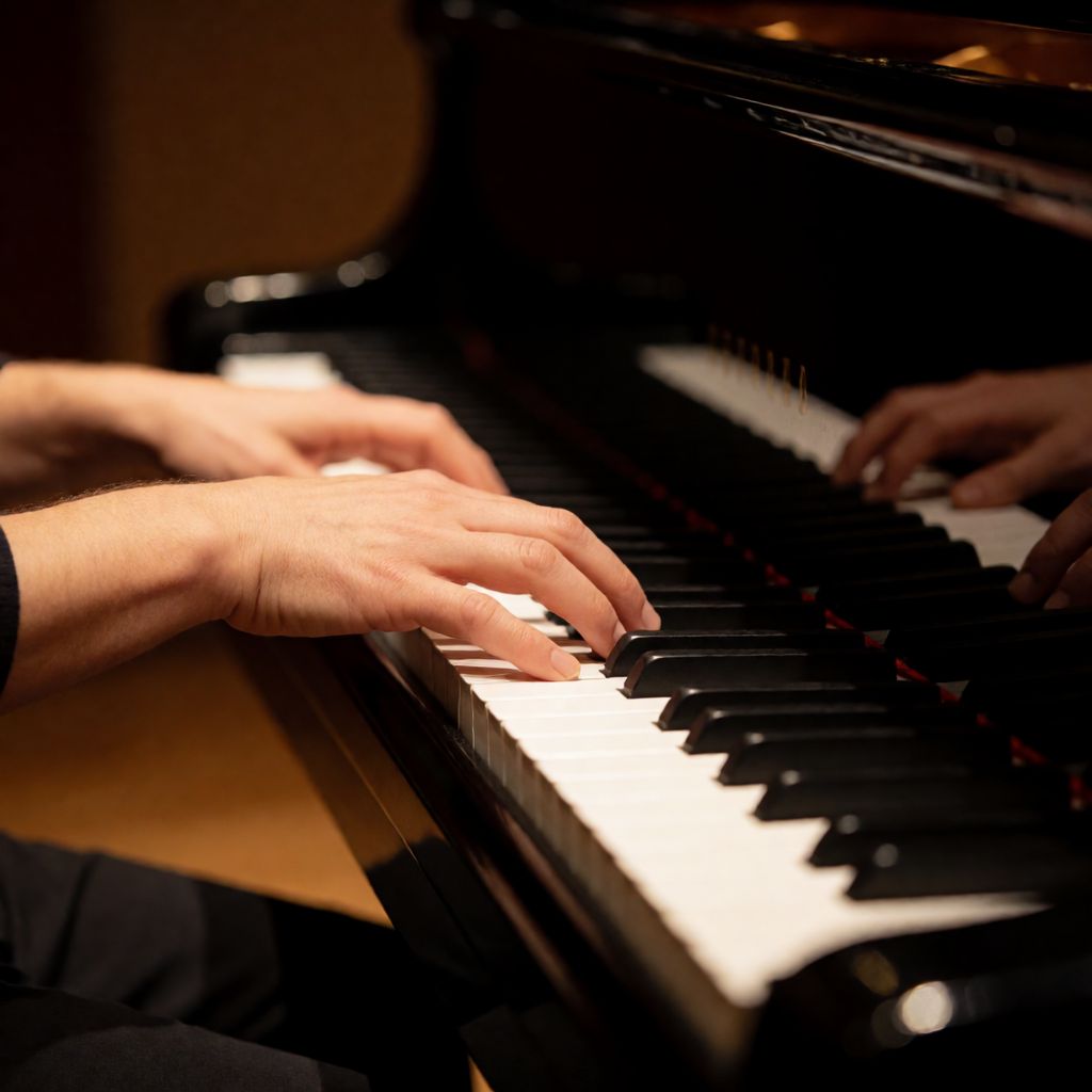 Atomic ChatのKrea 2 Turbo、Q4_K_M、プロンプト: Close-up of a pianist's hands on the keys of a grand piano, five fingers on each hand, warm stage light