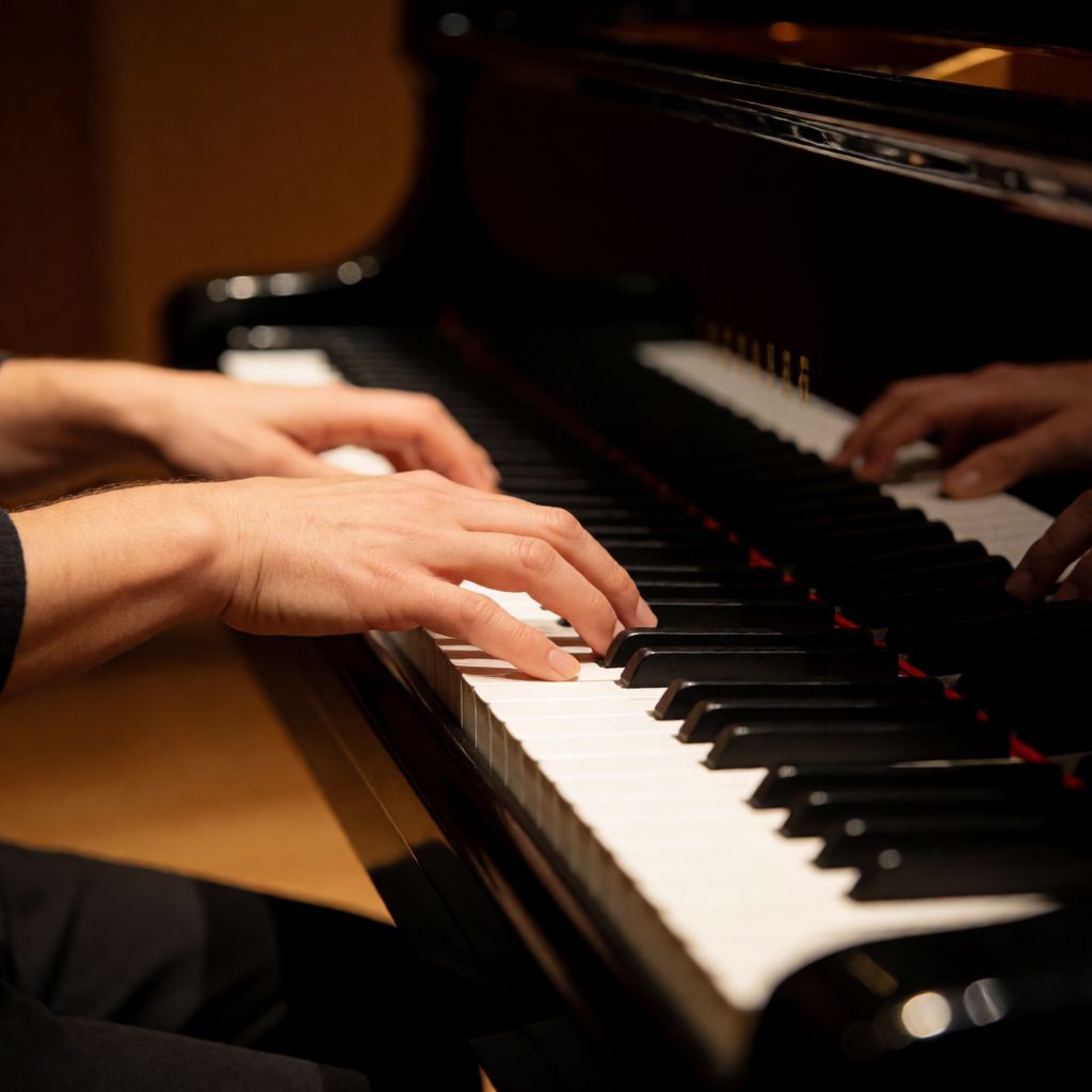 Atomic ChatのKrea 2 Turbo、Q5_K_S、プロンプト: Close-up of a pianist's hands on the keys of a grand piano, five fingers on each hand, warm stage light