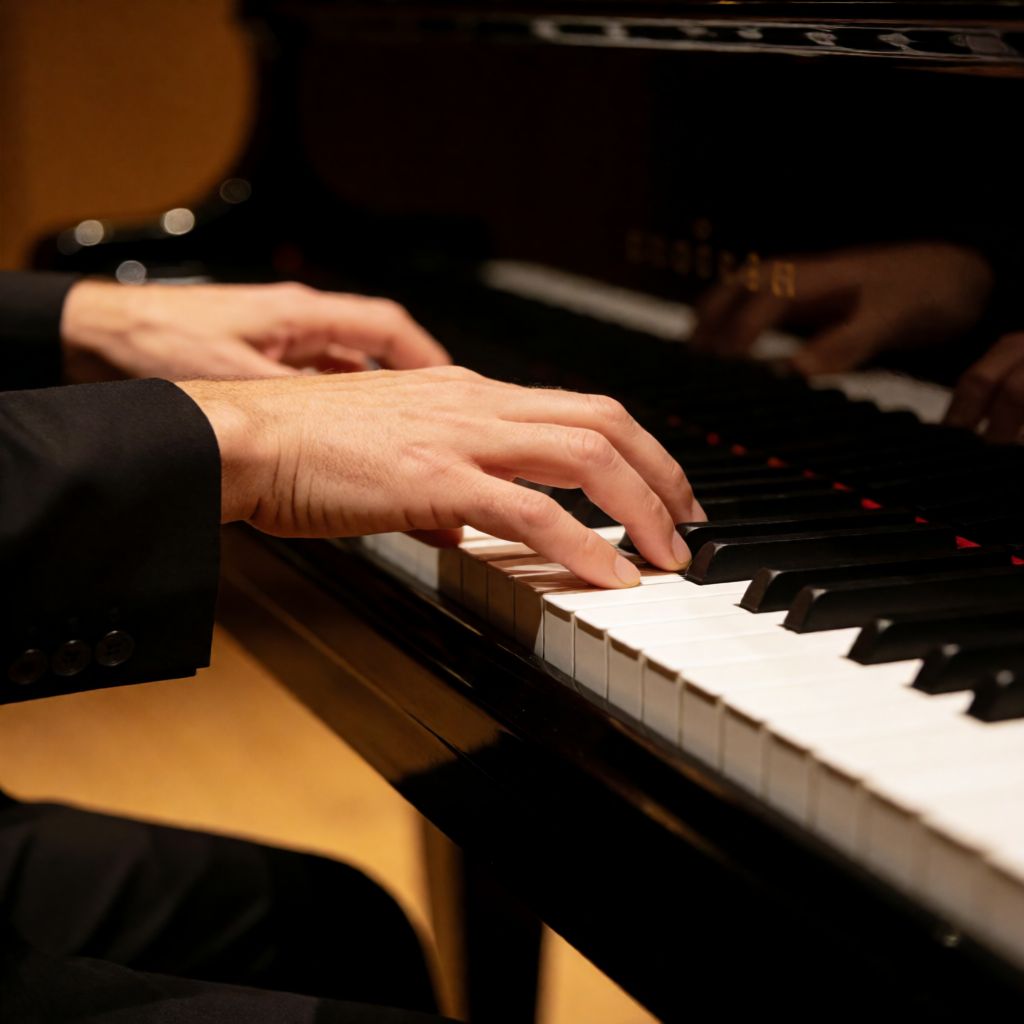 Private DiffusionのKrea 2 Turbo、QAD、プロンプト: Close-up of a pianist's hands on the keys of a grand piano, five fingers on each hand, warm stage light