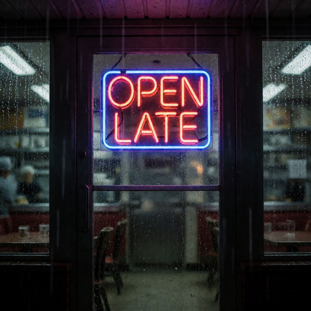 Atomic ChatのKrea 2 Turbo、Q4_K_M、プロンプト: A neon sign reading 'OPEN LATE' above a rainy diner door, photographed at night