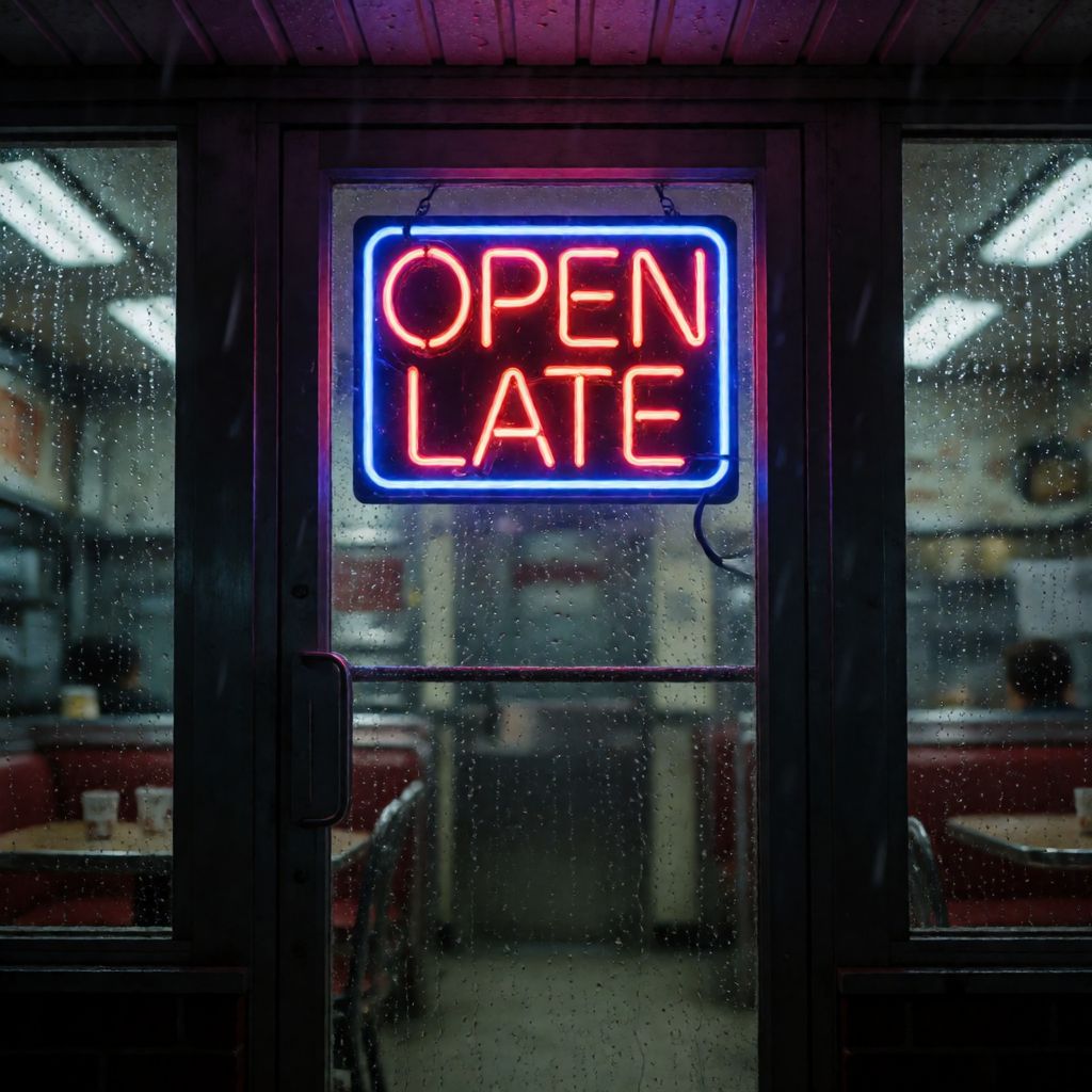 Atomic ChatのKrea 2 Turbo、Q5_K_S、プロンプト: A neon sign reading 'OPEN LATE' above a rainy diner door, photographed at night