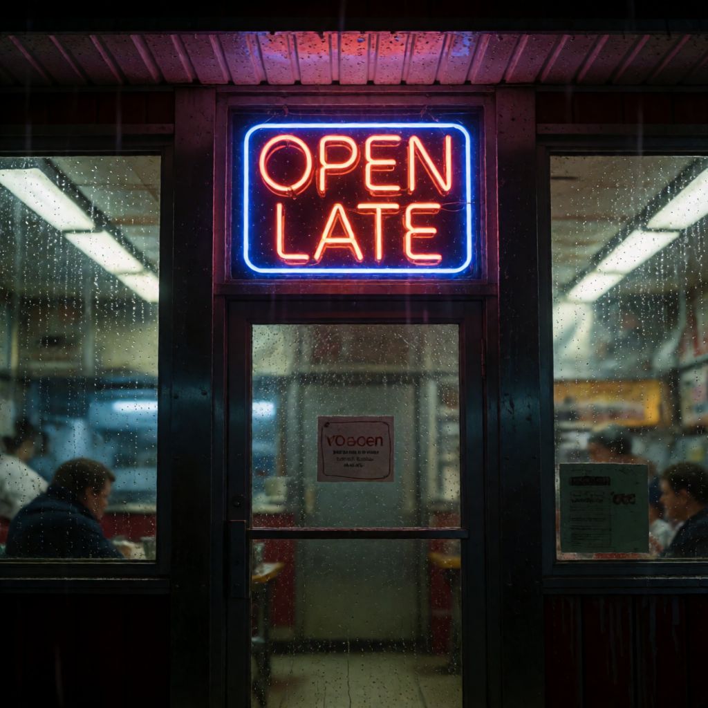Private DiffusionのKrea 2 Turbo、QAD、プロンプト: A neon sign reading 'OPEN LATE' above a rainy diner door, photographed at night