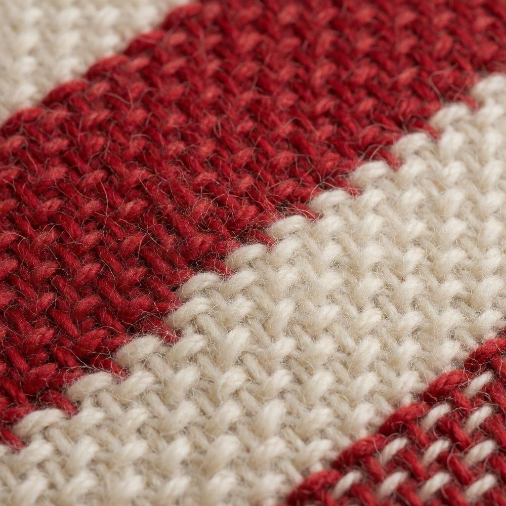 Atomic ChatのKrea 2 Turbo、Q4_K_M、プロンプト: Macro photo of a hand-woven wool blanket in red and cream stripes, individual fibers visible