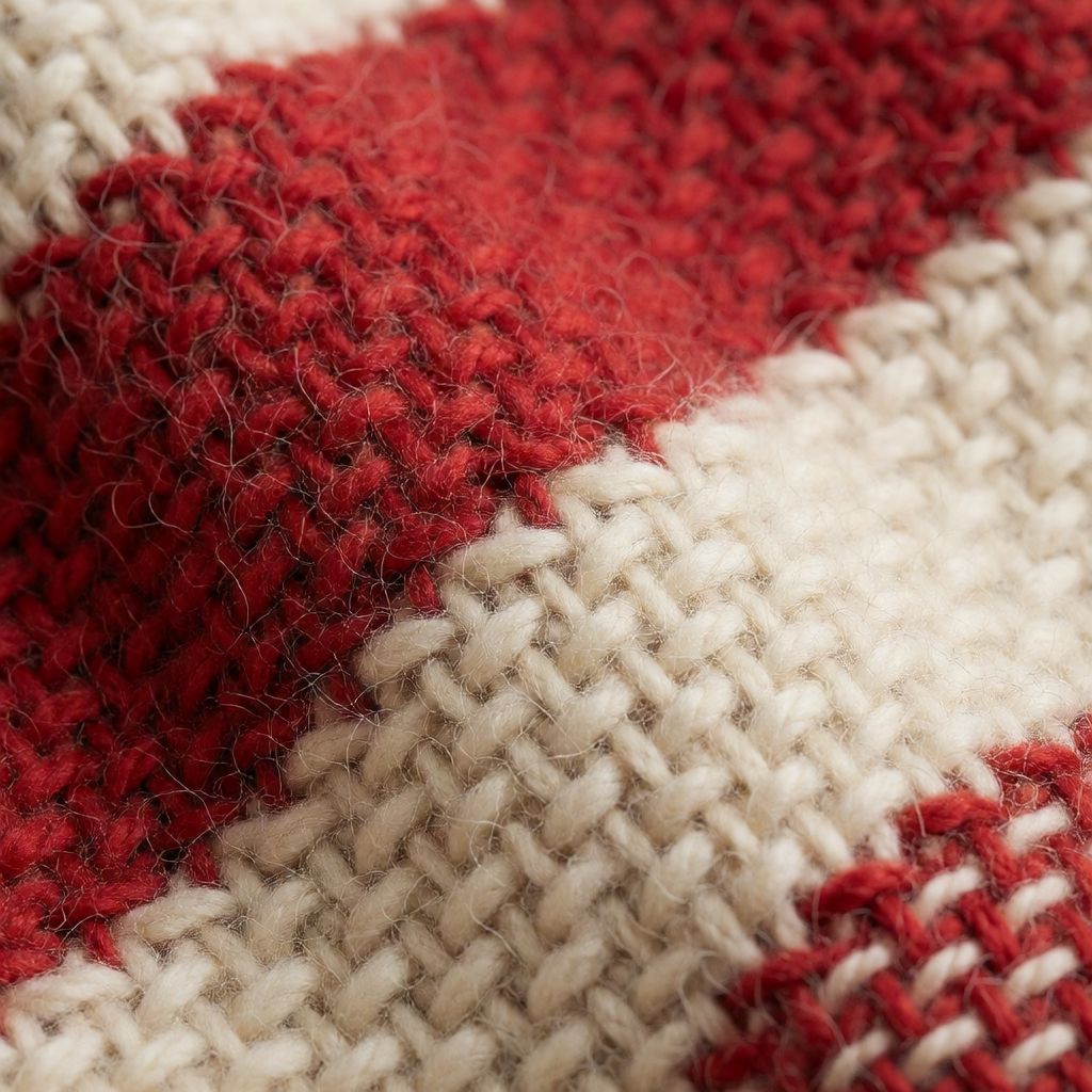 Atomic ChatのKrea 2 Turbo、Q5_K_S、プロンプト: Macro photo of a hand-woven wool blanket in red and cream stripes, individual fibers visible