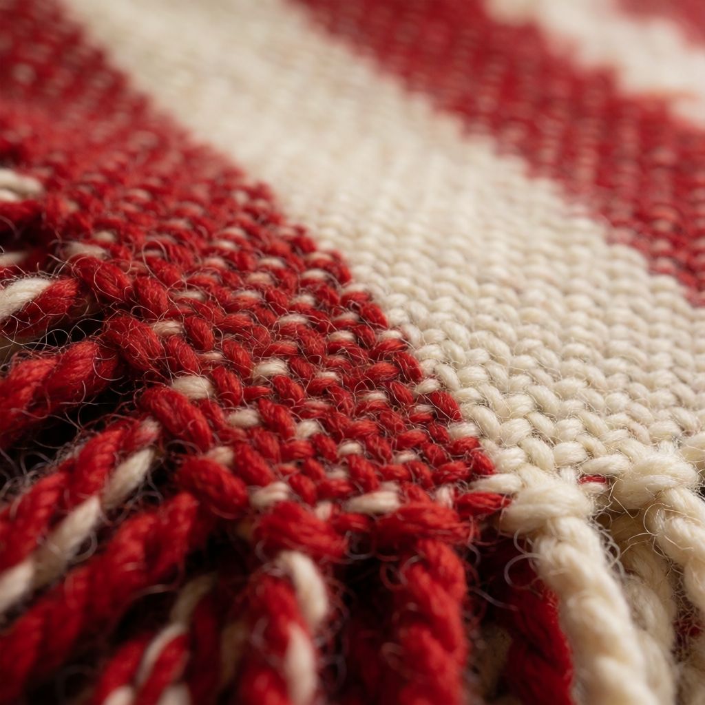 Private DiffusionのKrea 2 Turbo、QAD、プロンプト: Macro photo of a hand-woven wool blanket in red and cream stripes, individual fibers visible