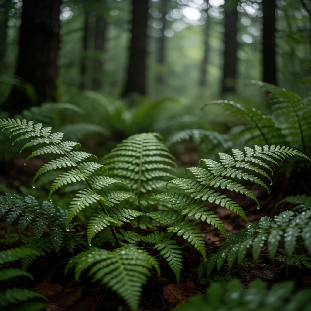 Private DiffusionのKrea 2 Turbo、QAD、プロンプト: A fern-covered forest floor after rain, dew on every leaf, shallow depth of field