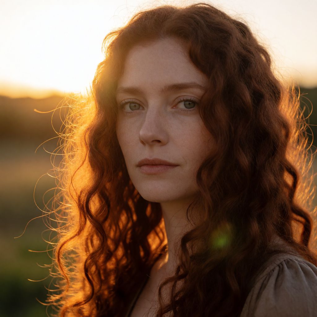 Atomic ChatのKrea 2 Turbo、Q4_K_M、プロンプト: Portrait of a woman with long curly auburn hair backlit by the setting sun, individual strands catching light