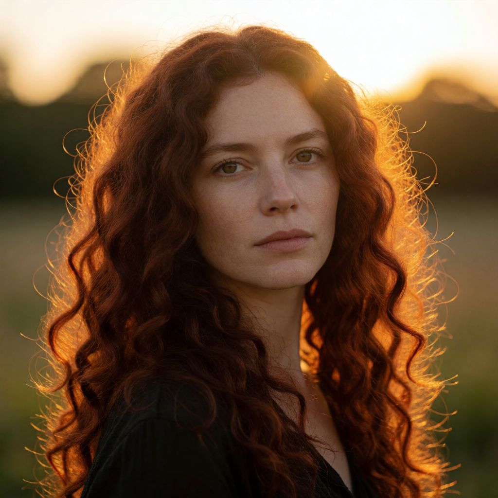 Private DiffusionのKrea 2 Turbo、QAD、プロンプト: Portrait of a woman with long curly auburn hair backlit by the setting sun, individual strands catching light