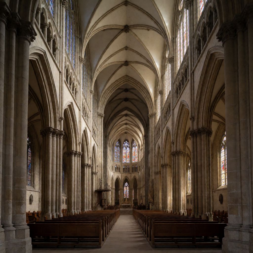Atomic ChatのKrea 2 Turbo、Q4_K_M、プロンプト: A Gothic cathedral nave seen from the entrance, ribbed vaults, stained glass, symmetrical composition