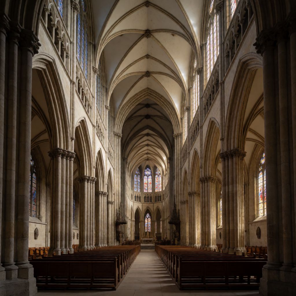 Atomic ChatのKrea 2 Turbo、Q5_K_S、プロンプト: A Gothic cathedral nave seen from the entrance, ribbed vaults, stained glass, symmetrical composition
