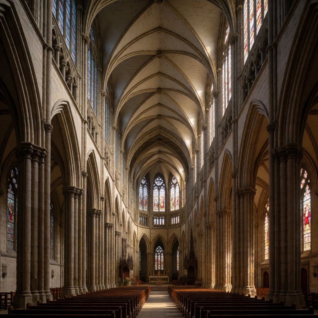 Private DiffusionのKrea 2 Turbo、QAD、プロンプト: A Gothic cathedral nave seen from the entrance, ribbed vaults, stained glass, symmetrical composition