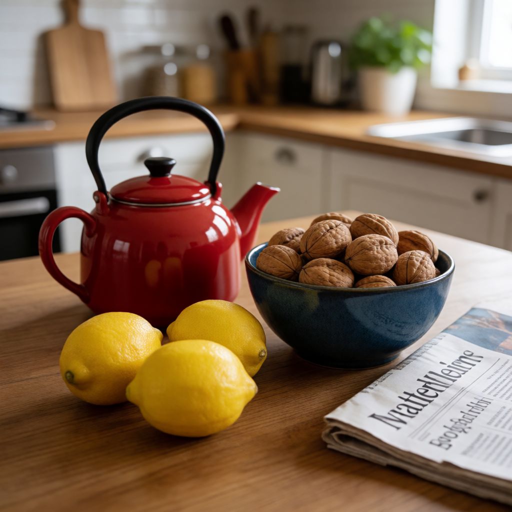 Atomic ChatのKrea 2 Turbo、Q4_K_M、プロンプト: A wooden kitchen table with a red teapot, three lemons, a blue ceramic bowl of walnuts, and a folded newspaper