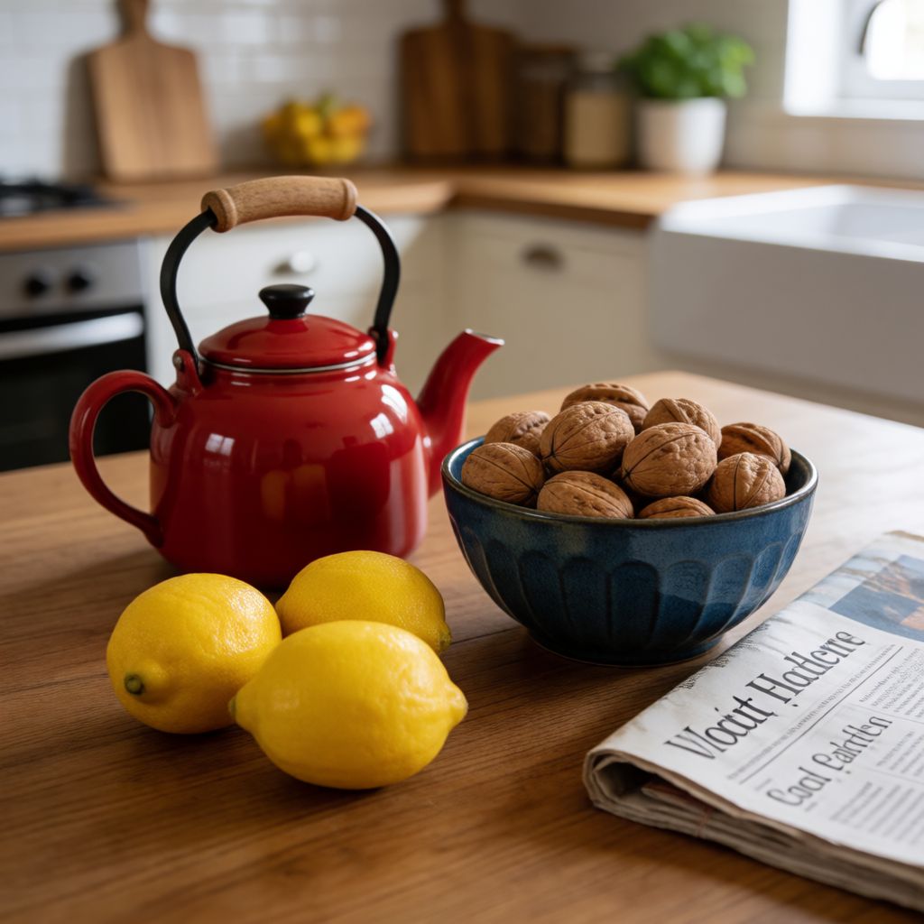 Atomic ChatのKrea 2 Turbo、Q5_K_S、プロンプト: A wooden kitchen table with a red teapot, three lemons, a blue ceramic bowl of walnuts, and a folded newspaper