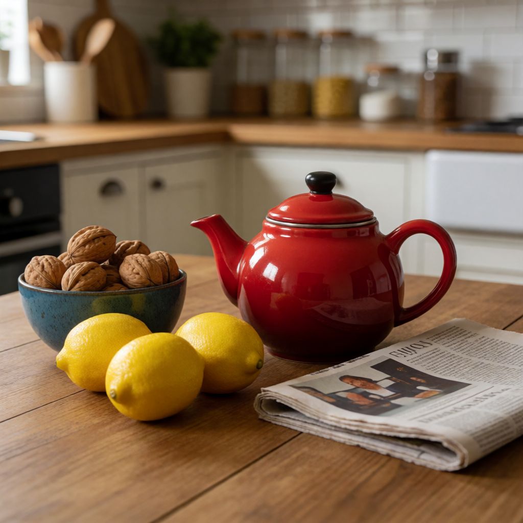 Private DiffusionのKrea 2 Turbo、QAD、プロンプト: A wooden kitchen table with a red teapot, three lemons, a blue ceramic bowl of walnuts, and a folded newspaper