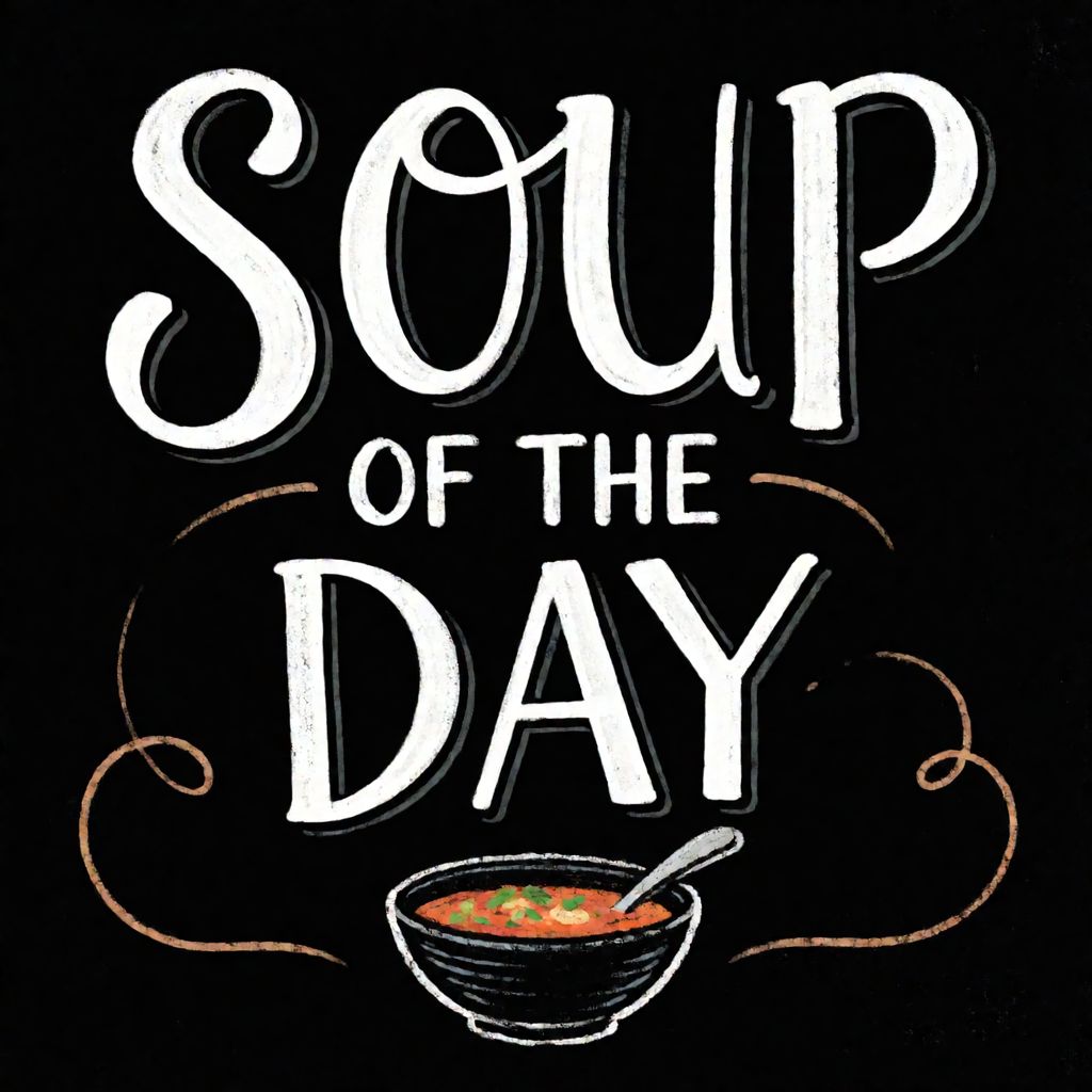 Atomic ChatのKrea 2 Turbo、Q4_K_M、プロンプト: A hand-lettered chalkboard menu reading 'SOUP OF THE DAY' with a small drawing of a bowl beneath