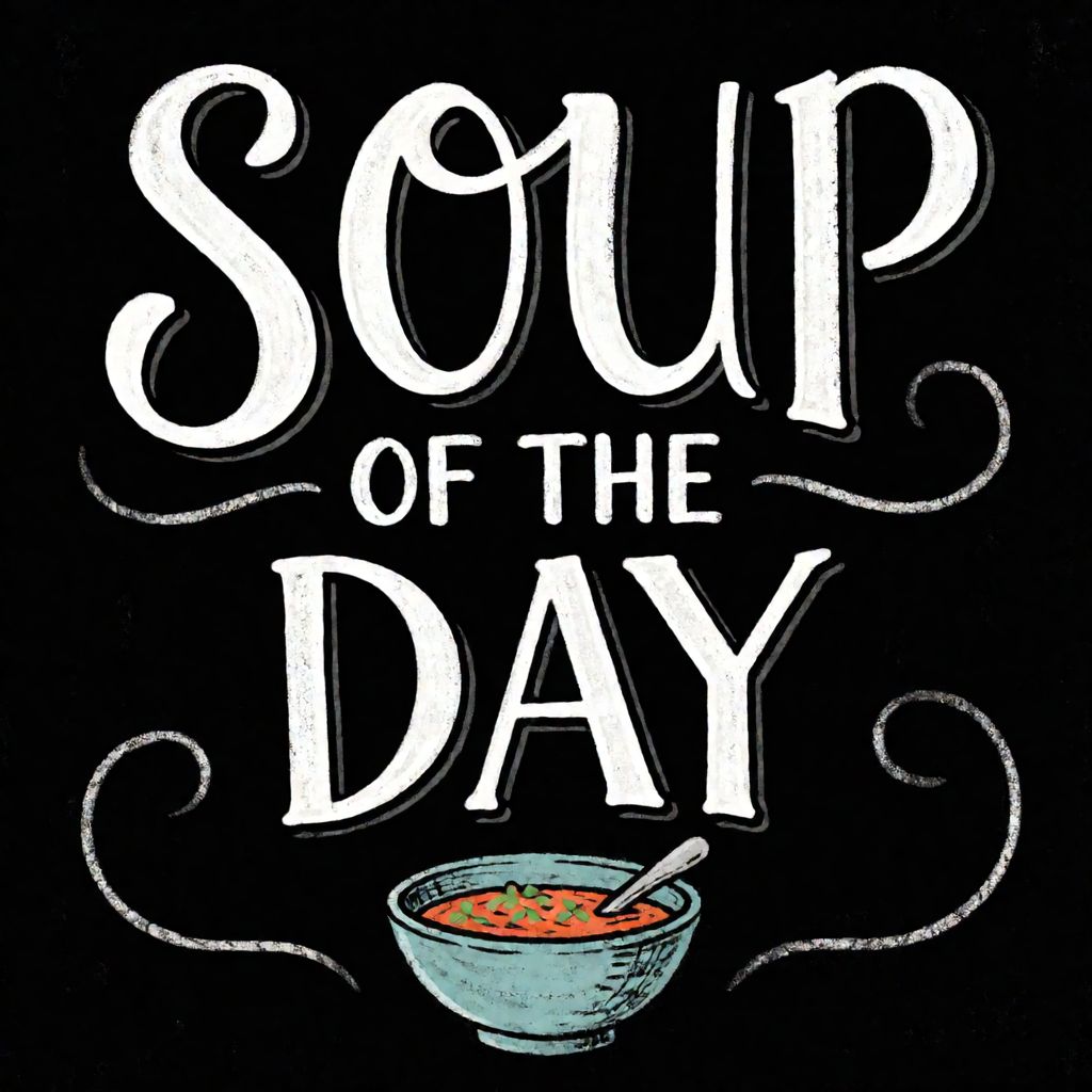 Atomic ChatのKrea 2 Turbo、Q5_K_S、プロンプト: A hand-lettered chalkboard menu reading 'SOUP OF THE DAY' with a small drawing of a bowl beneath
