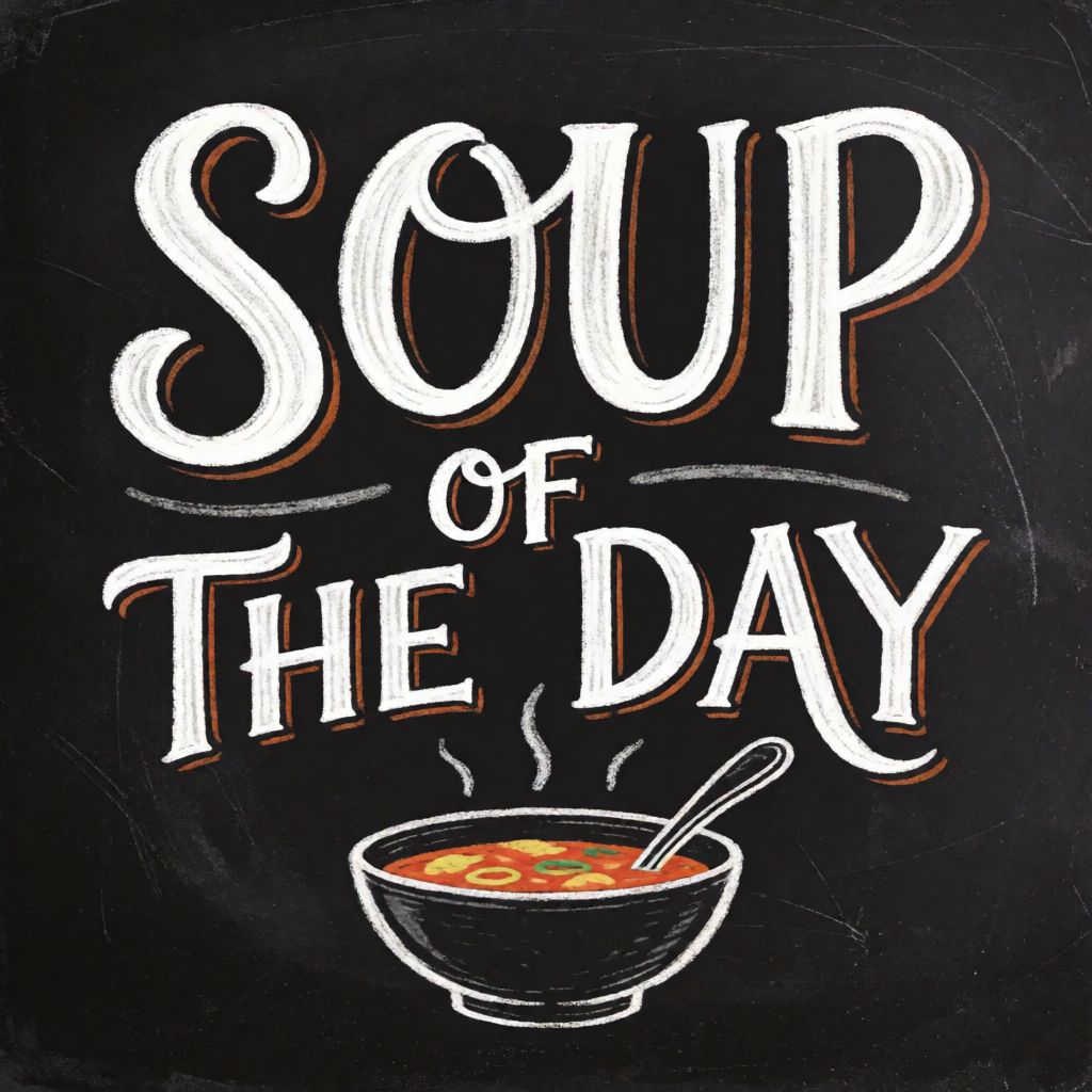 Private DiffusionのKrea 2 Turbo、QAD、プロンプト: A hand-lettered chalkboard menu reading 'SOUP OF THE DAY' with a small drawing of a bowl beneath
