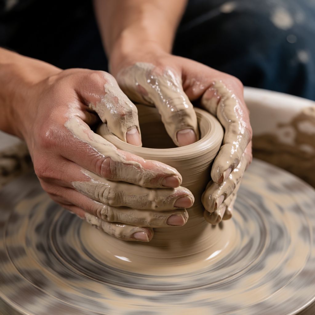 Atomic ChatのKrea 2 Turbo、Q4_K_M、プロンプト: A potter shaping clay on a wheel, both hands visible, wet clay on the fingers