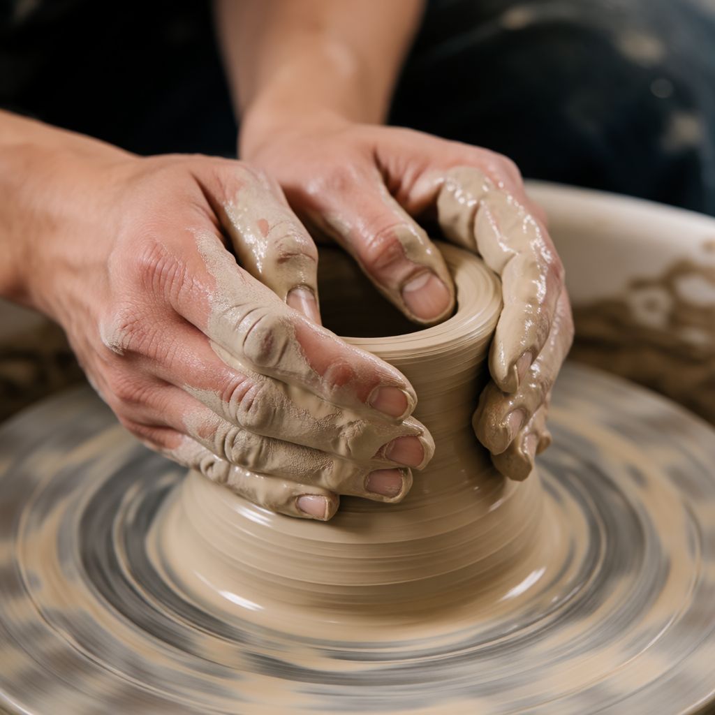 Atomic ChatのKrea 2 Turbo、Q5_K_S、プロンプト: A potter shaping clay on a wheel, both hands visible, wet clay on the fingers