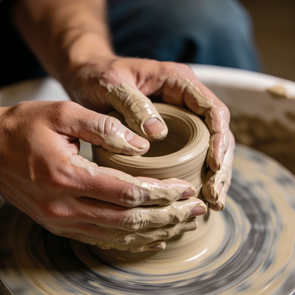 Private DiffusionのKrea 2 Turbo、QAD、プロンプト: A potter shaping clay on a wheel, both hands visible, wet clay on the fingers