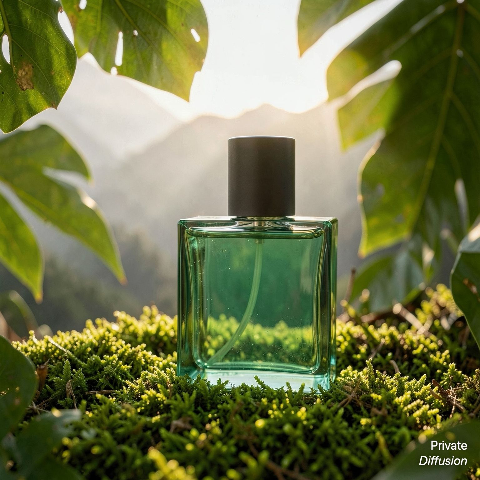 A green glass perfume bottle rests on moss, backlit by sunlight through tropical leaves.