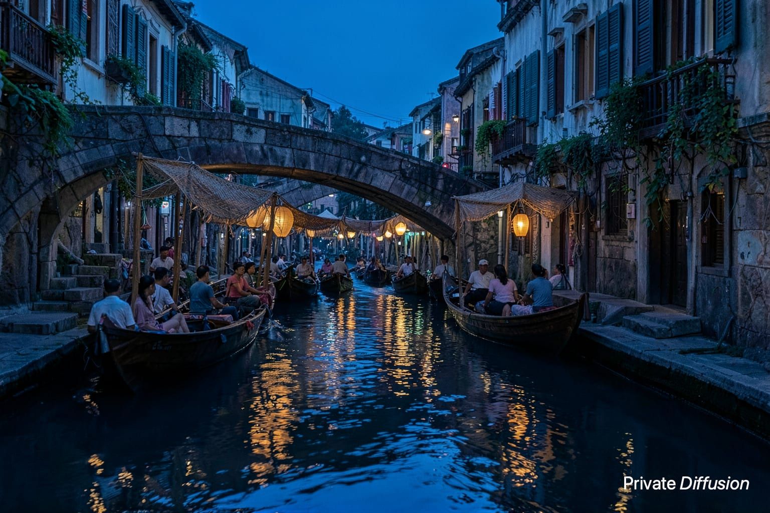 Lantern-lit wooden boats move along a quiet canal at dusk.