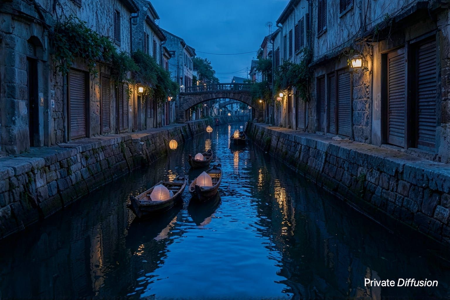 Lantern-lit wooden boats drift down a narrow stone canal at dusk.