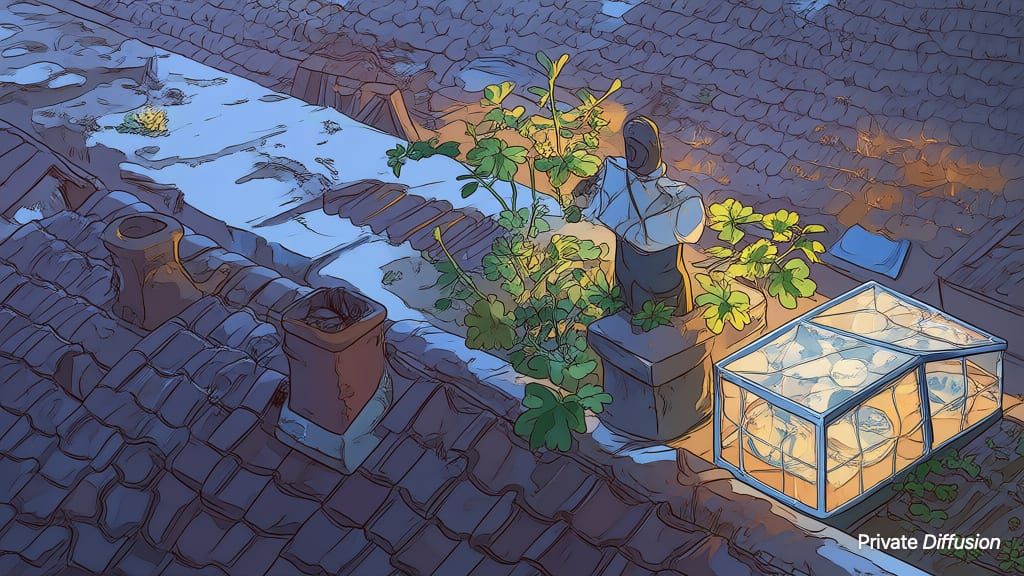 A rooftop gardener tends glowing lantern plants above a quiet town at dusk.