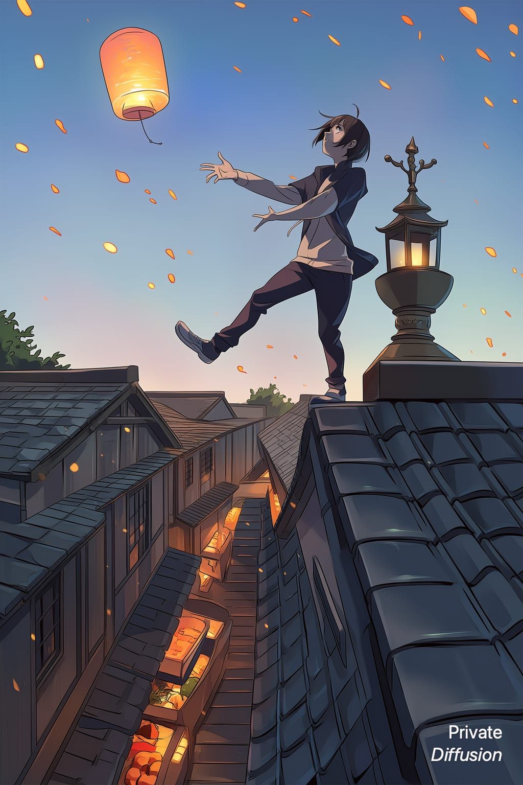 An anime lantern keeper replaces a rooftop lantern as petals drift through evening air.