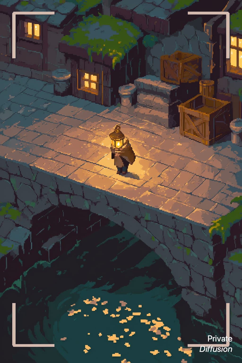A pixel-art lantern keeper crosses a stone bridge in a small mountain village at dusk.