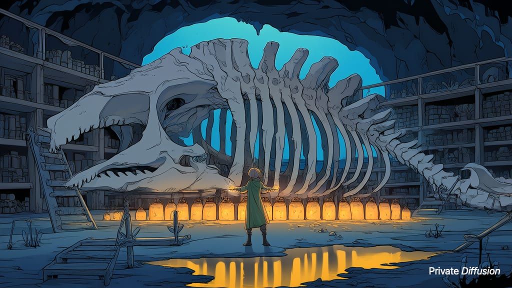 An archivist organizes glowing jars inside a sea-cave library built under whale bones.