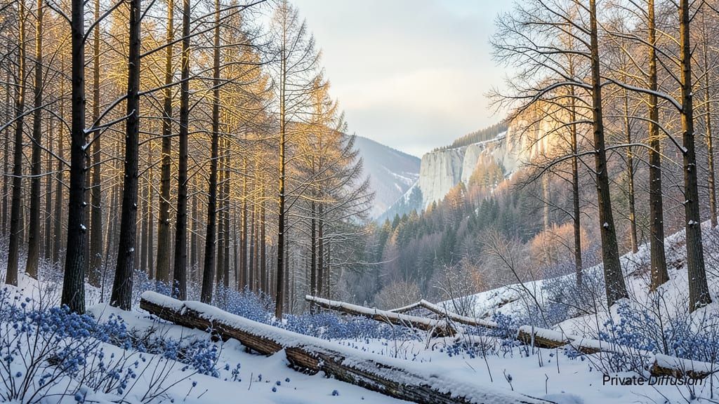 Golden larch trees stand on a snowy mountain slope under soft afternoon light.