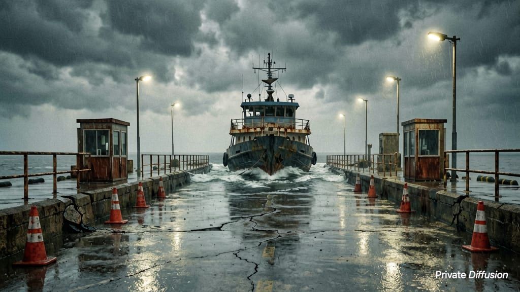 A ferry waits at a flooded terminal under storm clouds and yellow dock lights.