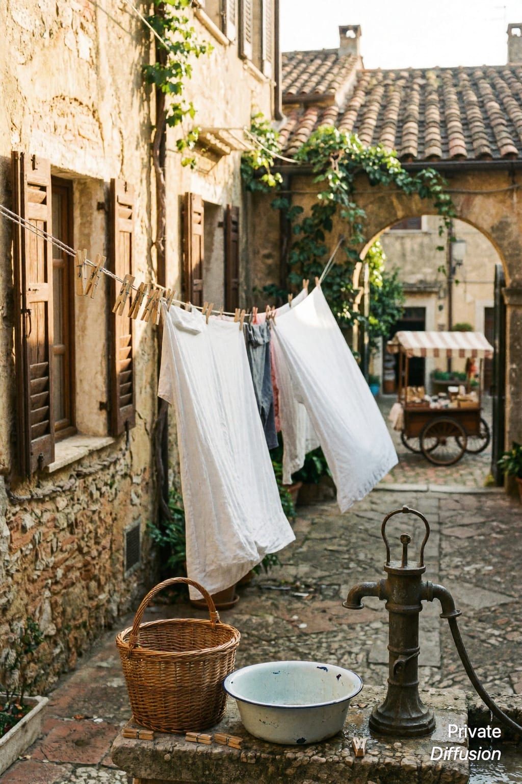 Laundry hangs across an old stone courtyard with a basin and hand pump below.