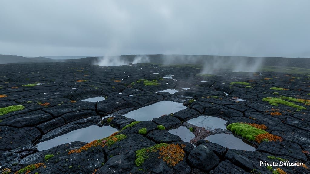 Green moss and lichen grow in cracks across a misty black lava field.