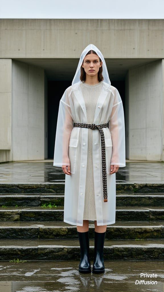 An adult model in layered rainwear stands on wet stone steps after rain.