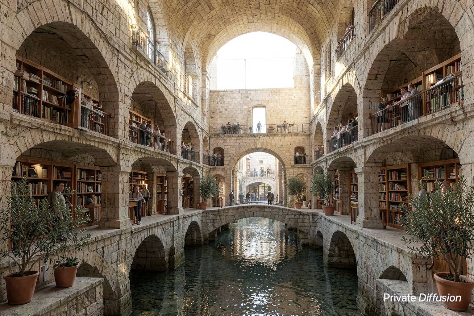 A public library fills the arched interior of a restored stone aqueduct.