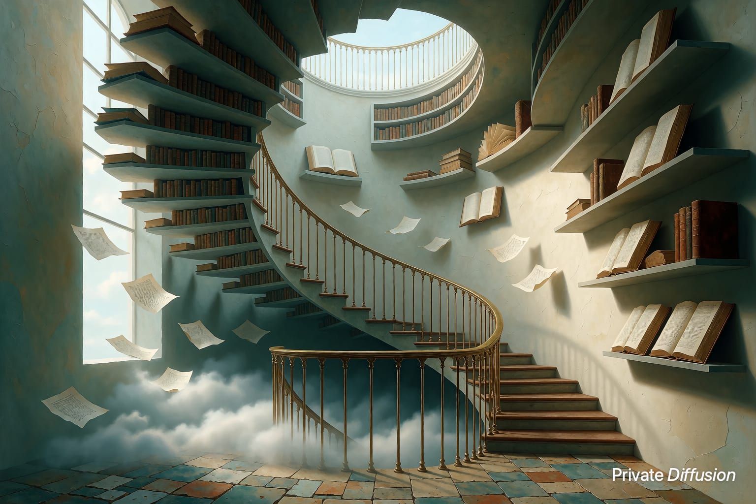A spiral library staircase rises through floating shelves into indoor clouds.