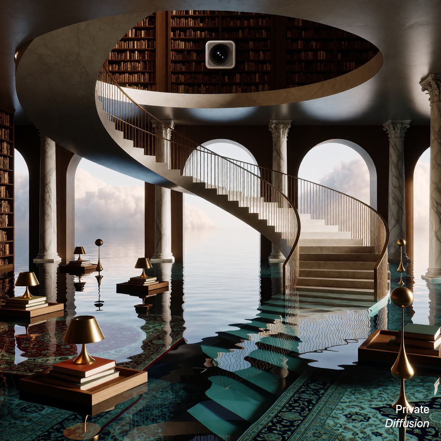 A library staircase dissolves into an indoor ocean filled with floating books.