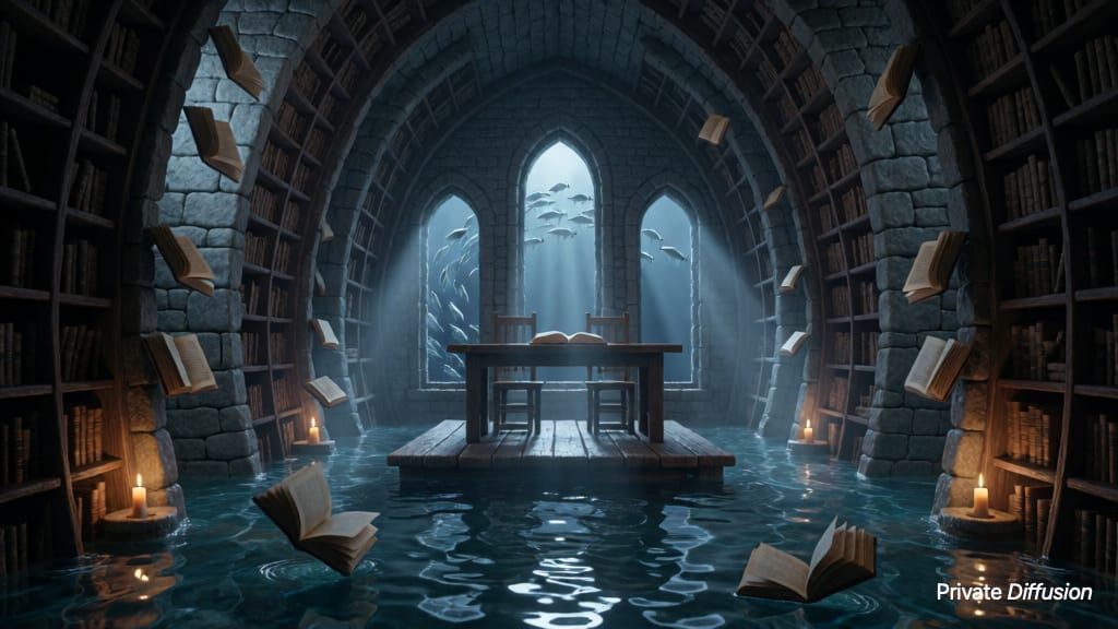 A flooded library contains bending shelves, drifting books, and fish swimming through moonlit windows.