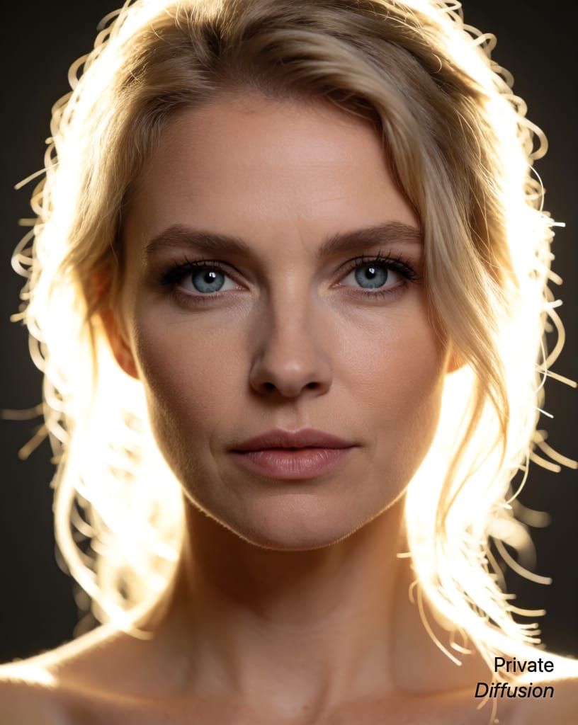 photorealistic portrait of a blonde woman with blue eyes, with backlit added