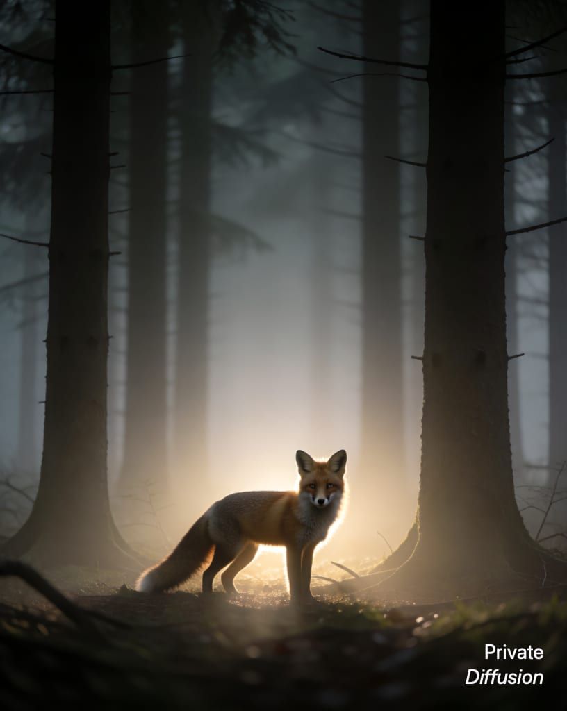 a fox in a misty forest, with backlit added