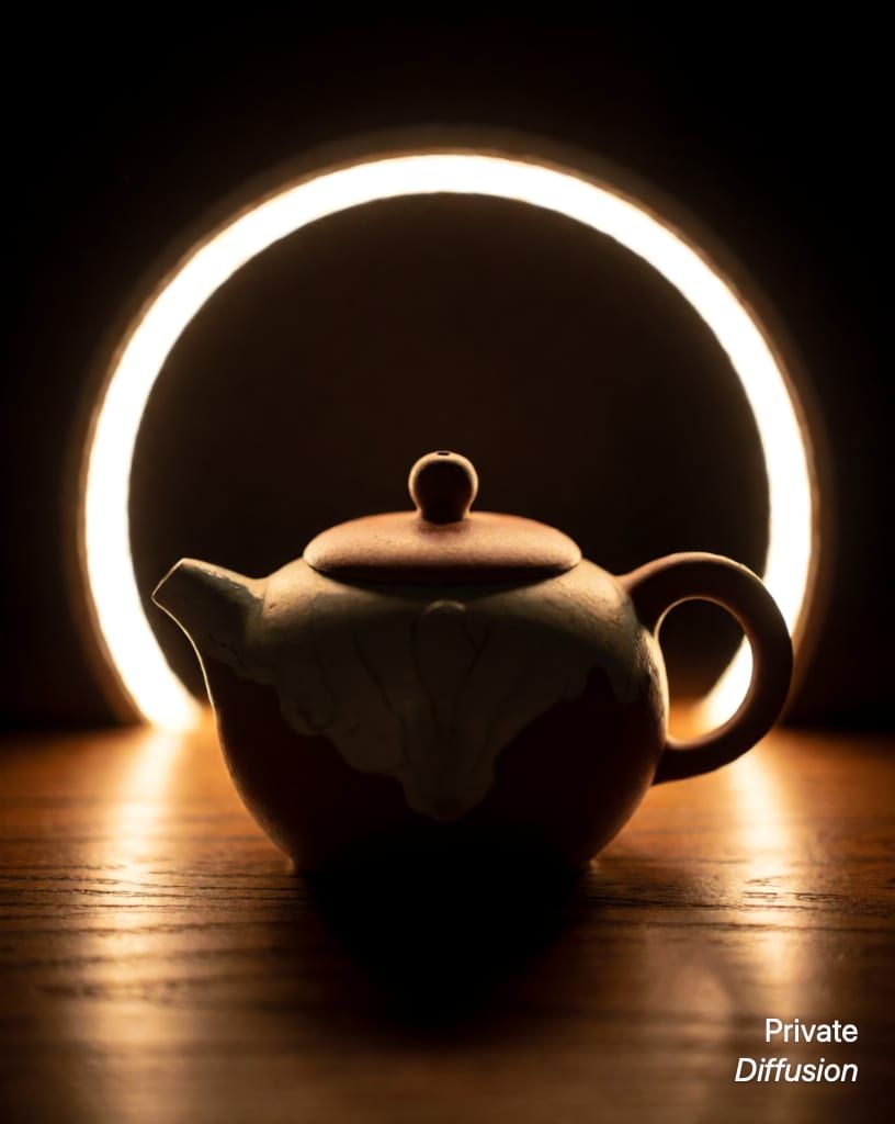 a ceramic teapot on a wooden table, with backlit added