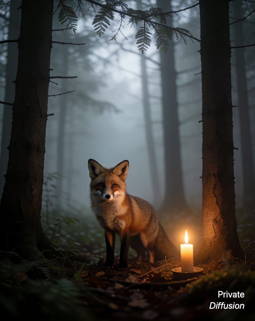 a fox in a misty forest, with candlelight added