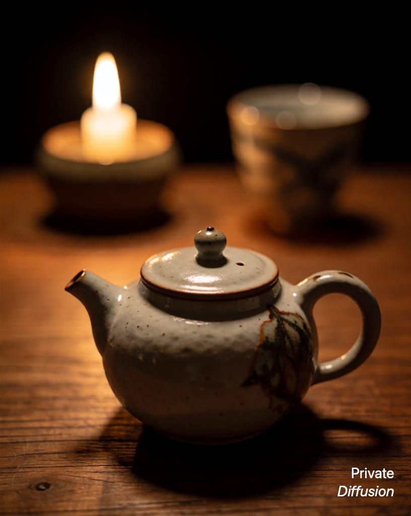 a ceramic teapot on a wooden table, with candlelight added